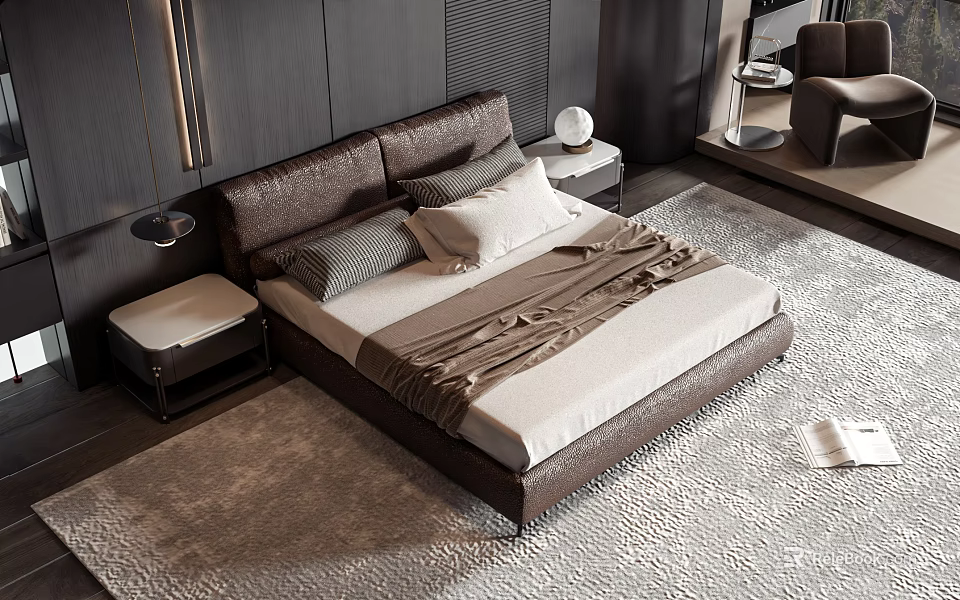 Modern Minimalist Double Bed Interior With Leather Headboard Neutral Pillows And Area Rug 3d model 