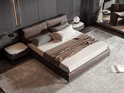 Modern Minimalist Double Bed Interior With Leather Headboard Neutral Pillows And Area Rug 3d model
