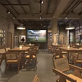 Industrial Style Restaurant Interior With Wooden Tables Chairs And Hanging Pendant Lights