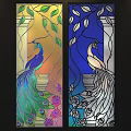 Stained Glass Window Design With Colorful Peacocks Flowers And Leaves In Blue Orange Tones