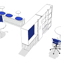 Modern Office Table And Chair Set With Round Tables Blue Chairs And Shelves