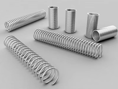 Various Metal Springs With Different Sizes And Coiled Designs Displayed On Gray Background 3d model