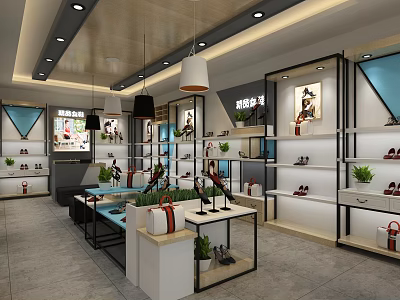 Modern Shoe Store Interior Featuring Display Shelves Hanging Lights Plants And Stylish Bags 3d model