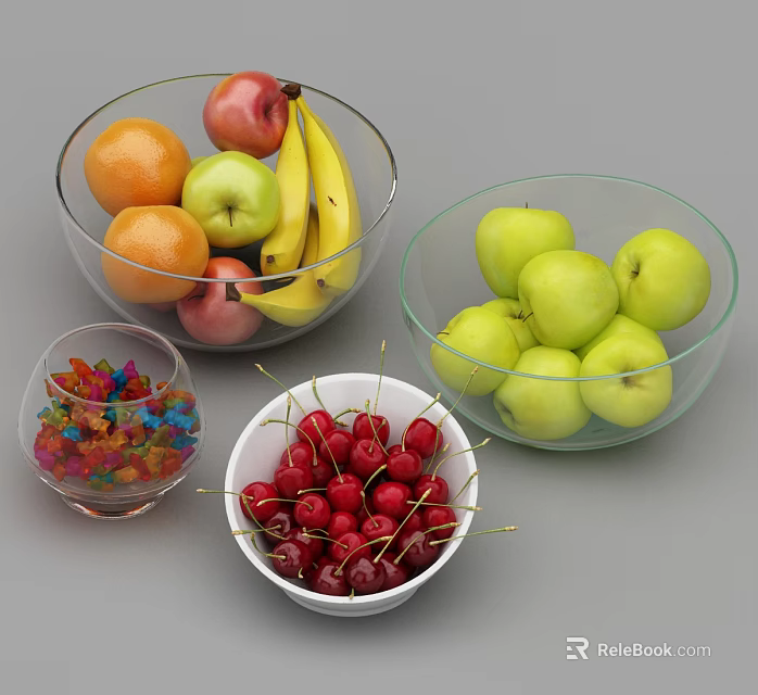 Fresh Assorted Fruits Including Apples Oranges Bananas And Cherries In Glass Bowls 3d model 