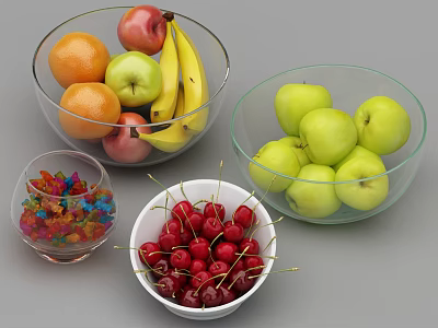Fresh Assorted Fruits Including Apples Oranges Bananas And Cherries In Glass Bowls 3d model