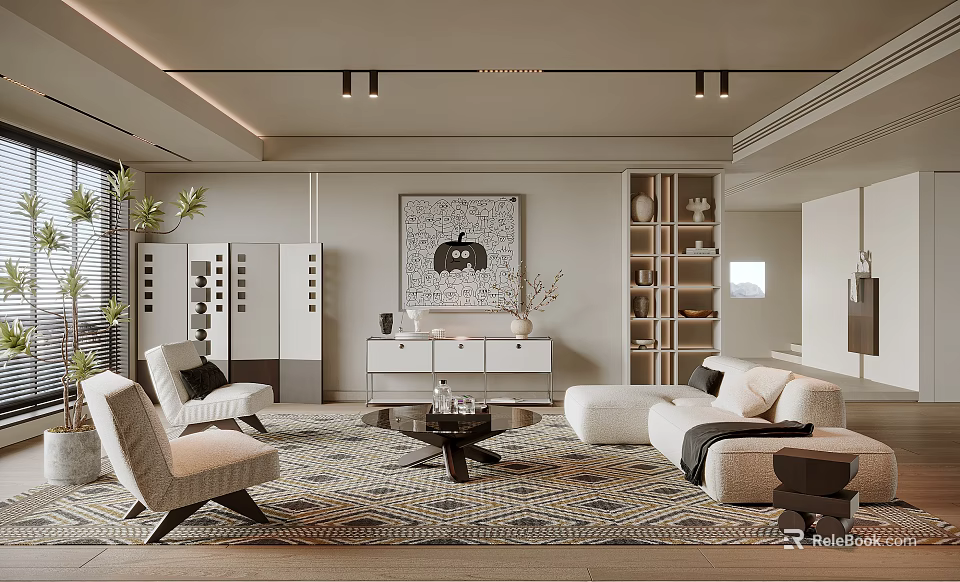 Modern Living Room Interior With Beige Sofa Geometric Rug Coffee Table Decorative Painting And Bookshelves 3d model 