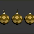 Golden Christmas Ornaments With Snowflake Patterns And Hooks On Gray Background