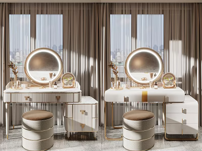 Elegant Modern Dressing Table With Round Mirror Padded Stool And Drawer Cabinet 3d model
