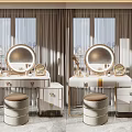 Elegant Modern Dressing Table With Round Mirror Padded Stool And Drawer Cabinet 3d model