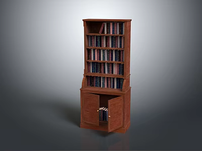 Brown Wooden Bookcase With Multiple Shelves And Cabinet With Doors Filled With Books 3d model