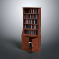 Brown Wooden Bookcase With Multiple Shelves And Cabinet With Doors Filled With Books