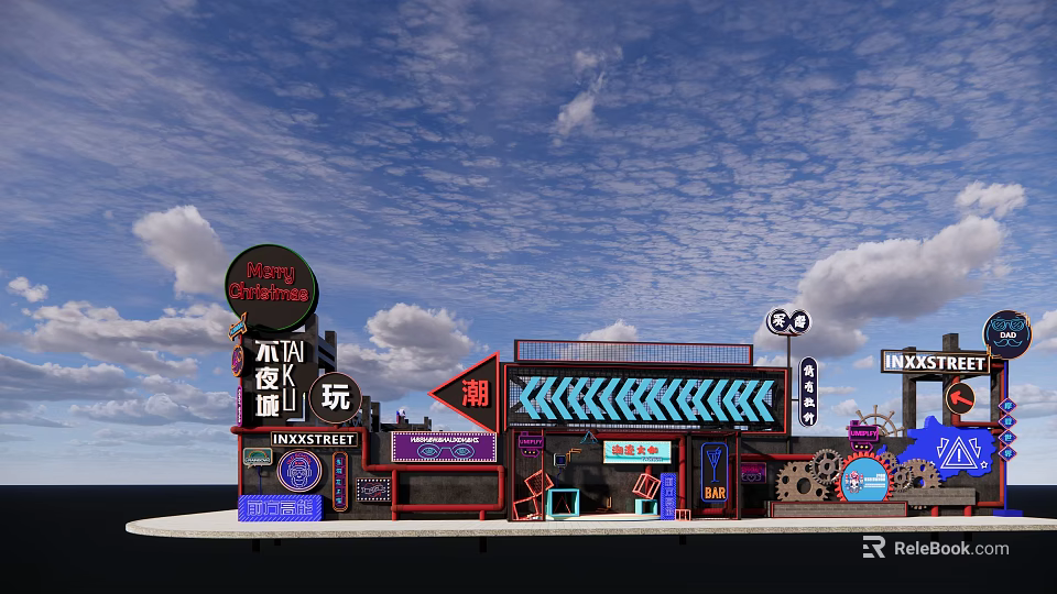 Trendy Photo Check in Spot With Neon Signboards And Colorful Building Facade 3d model 