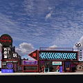 Trendy Photo Check in Spot With Neon Signboards And Colorful Building Facade