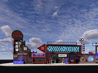 Trendy Photo Check in Spot With Neon Signboards And Colorful Building Facade 3d model