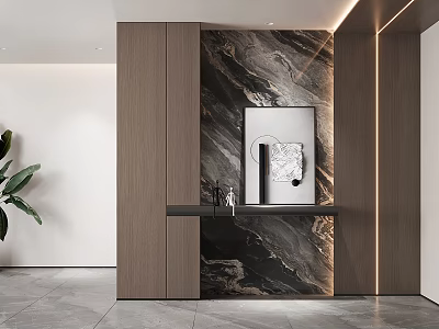 Modern Entryway Hall with Wooden Cabinets Marble Accent Wall Decorative Painting and Gray Tile Flooring 3d model