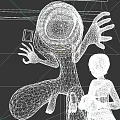 Giant Black Game Movie Character With Single Large Eye Near Little Girl In Dim Room