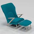 Blue Fabric Modern Single Sofa With Wooden Arms Legs And Matching Ottoman