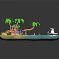 Cartoon Beach Scene With Palm Trees Colorful Umbrella White Boat And Lifeguard Hut
