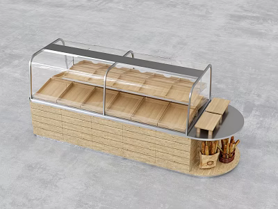 Wooden Display Shelf With Transparent Glass Cover For Baked Goods And Side Basket 3d model