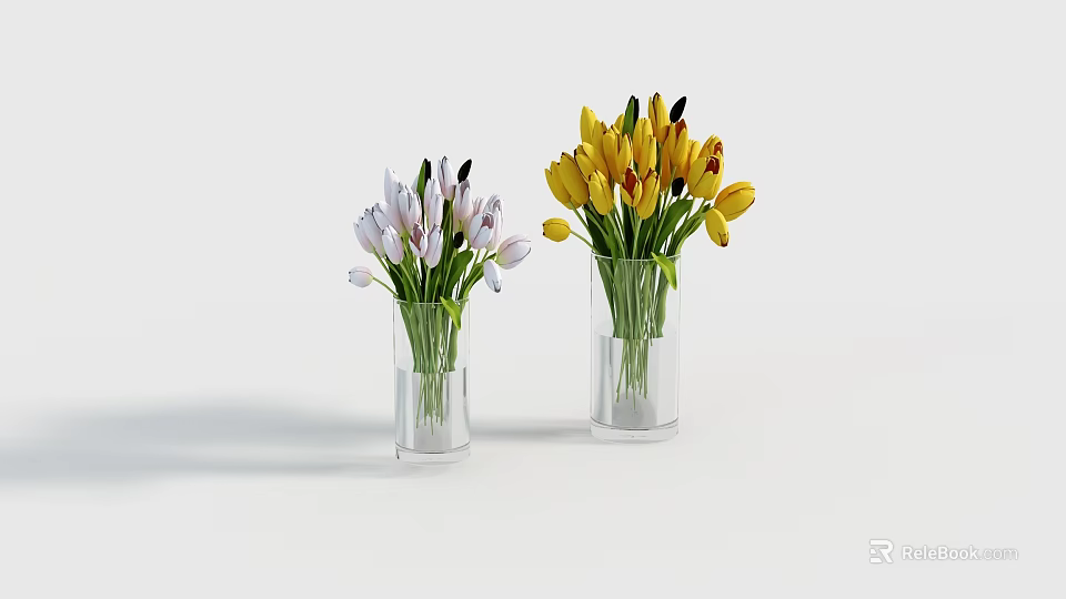 Transparent Glass Vases With White Purple And Yellow Fresh Flowers Arrangement 3d model 