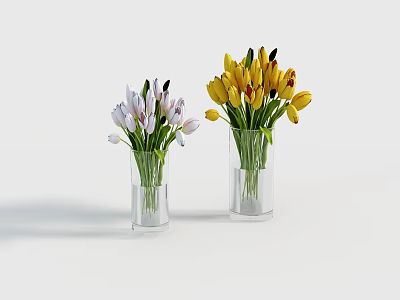 Transparent Glass Vases With White Purple And Yellow Fresh Flowers Arrangement 3d model