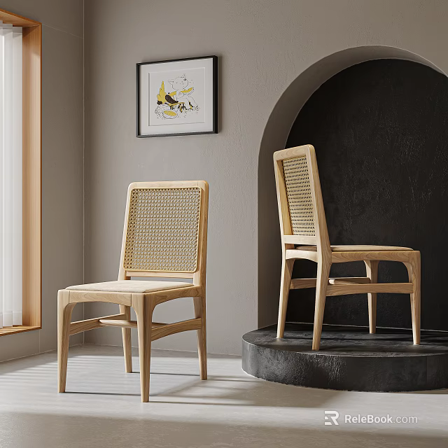 Modern Wooden Dining Chairs With Woven Backs In Arched Niche And Window Area 3d model 