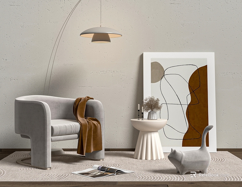 Stylish Gray Leisure Chair with Brown Throw Blanket Near White Side Table and Abstract Painting 3d model 