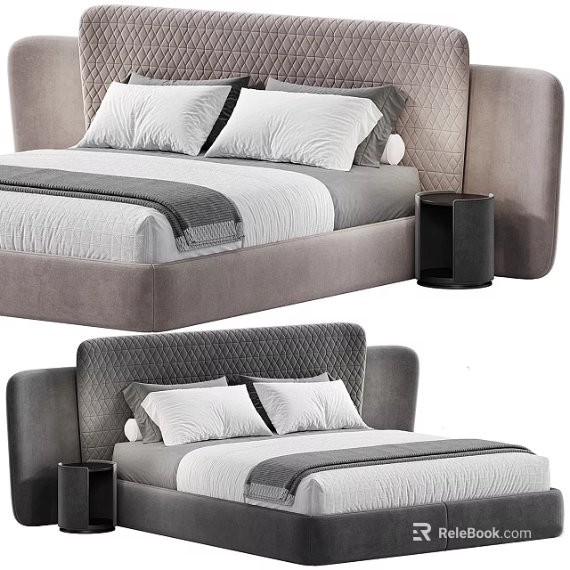 Modern Quilted Upholstered Double Bed With Gray Headboard And White Bedding Pillows 3d model 