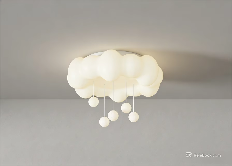 Modern White Cloud Shaped Ceiling Light with Hanging Balls and Soft Glow 3d model 
