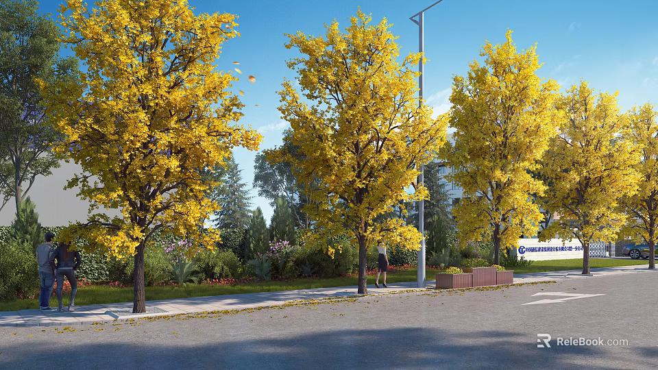 Scenic Landscape Walls Surrounded by Autumn Yellow Trees Pedestrians and Street Lamps in Green Space 3d model 