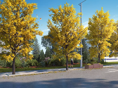 Scenic Landscape Walls Surrounded by Autumn Yellow Trees Pedestrians and Street Lamps in Green Space 3d model
