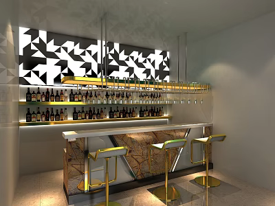 Stylish Bar Interior With Black White Geometric Backdrop Marble Counter And Gold Stools 3d model