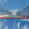 Outdoor Tennis Court For Sports Fitness With Fences Streetlights Under Blue Sky White Clouds