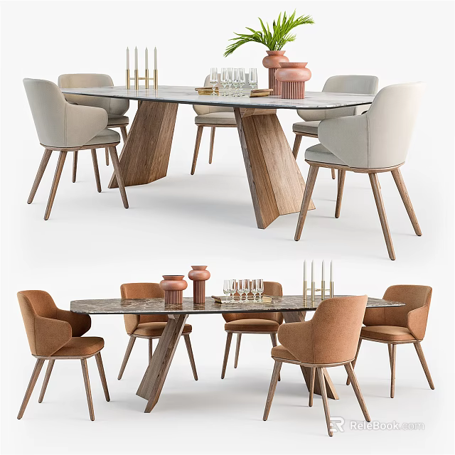 Wooden Dining Table And Chairs Set With Unique Legs Light Grey Brown Seats Decorative Vases 3d model 