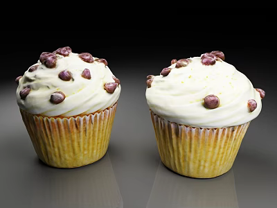 Delicious Cupcakes Topped With White Frosting And Chocolate Chips On A Reflective Dark Surface 3d model