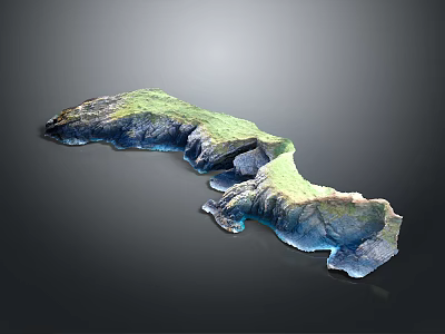 3D Terrain Model Featuring Green Vegetation Blue Water Regions and Irregular Shape on Dark Background 3d model