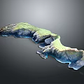 3D Terrain Model Featuring Green Vegetation Blue Water Regions and Irregular Shape on Dark Background