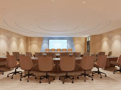 Modern Conference Room Interior With Circular Ceiling Wooden Walls Long Table And Rolling Chairs 3d model