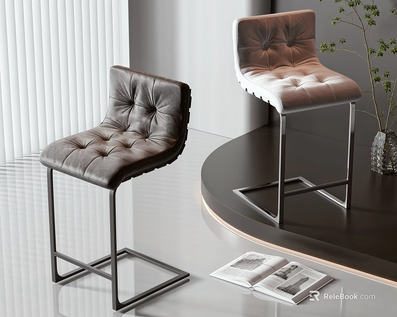 Modern Leather Bar Stools Tufted Design Dark Light Brown Metal Frame Round Countertop 3d model 
