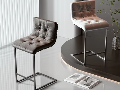 Modern Leather Bar Stools Tufted Design Dark Light Brown Metal Frame Round Countertop 3d model