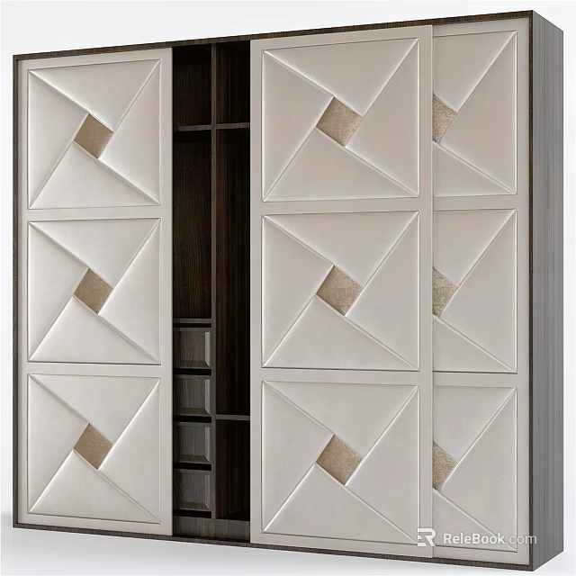 Elegant Modern Wardrobe With Geometric Leather Panel Design Light Beige Sliding Doors Storage Solution 3d model 