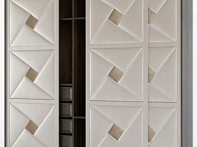 Elegant Modern Wardrobe With Geometric Leather Panel Design Light Beige Sliding Doors Storage Solution 3d model