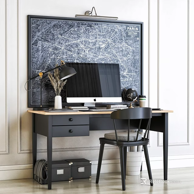 Modern Home Office Desk And Chair Set With Computer Table Lamp Vase And Paris Map 3d model 