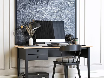 Modern Home Office Desk And Chair Set With Computer Table Lamp Vase And Paris Map 3d model