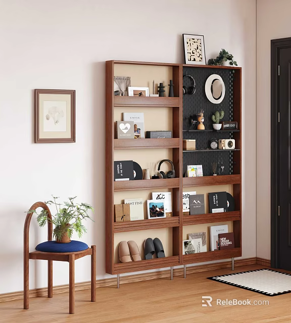 Wooden Multi Tier Shelving Unit With Books Decor Plants And Shoes In Home Living Space 3d model 