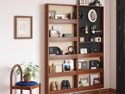 Wooden Multi Tier Shelving Unit With Books Decor Plants And Shoes In Home Living Space 3d model