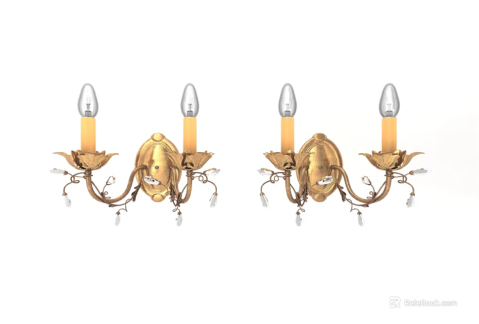 Pair of Elegant Classical Gold Wall Sconces With Double Crystal Lights 3d model 