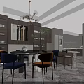 Modern Living Dining Room Interior With Dark Sofa Blue Chair And Marble Floor