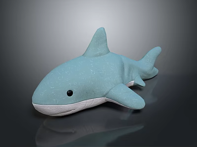 Light Blue Stuffed Shark Toy With White Underbelly And Black Eyes On Reflective Surface 3d model