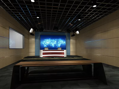 Other Modern Studio Interior With Large World Map Screen Podium Wooden Walls And Grid Ceiling 3d model